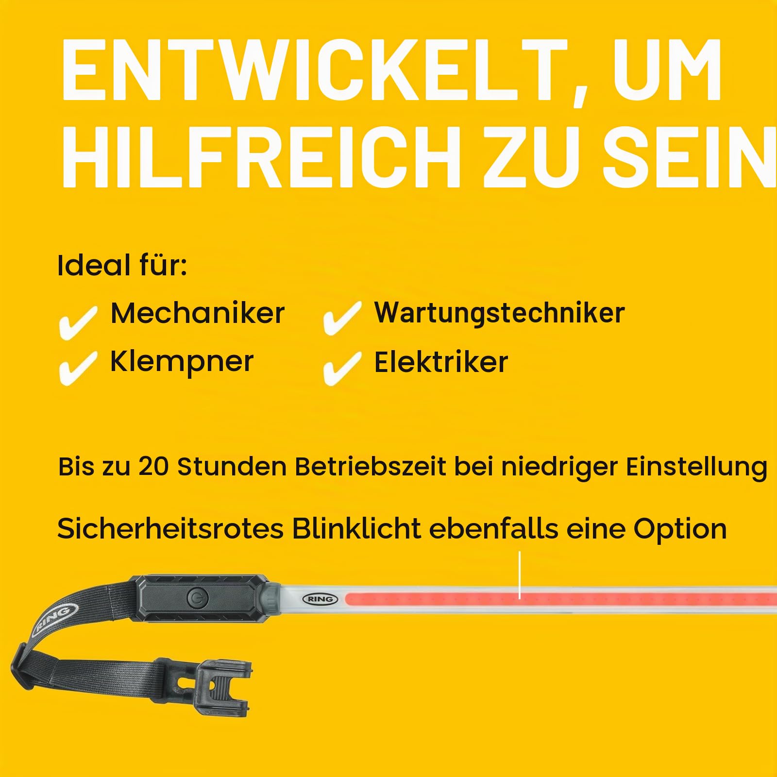 Ring Automotive RUBL1500 Wiederaufladbare 1000 Lumen Flexible Arbeitsleuchte unter der Motorhaube mit magnetischer Halterung, USB-C Laden, 3 Lichtmodi, Notfall-Blitzmodus, Schwarz