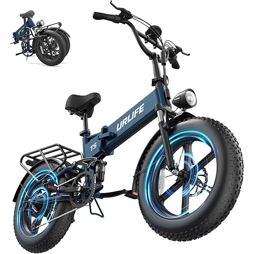 URLIFE Folding Electric Bike for Adults, 48V 13AH, 20" x 4" Fat Tire, Full Suspension with Quad-Link Shock Absorption, LED Display, 7-Speed, 60-80 Miles, UL2849 (Black)