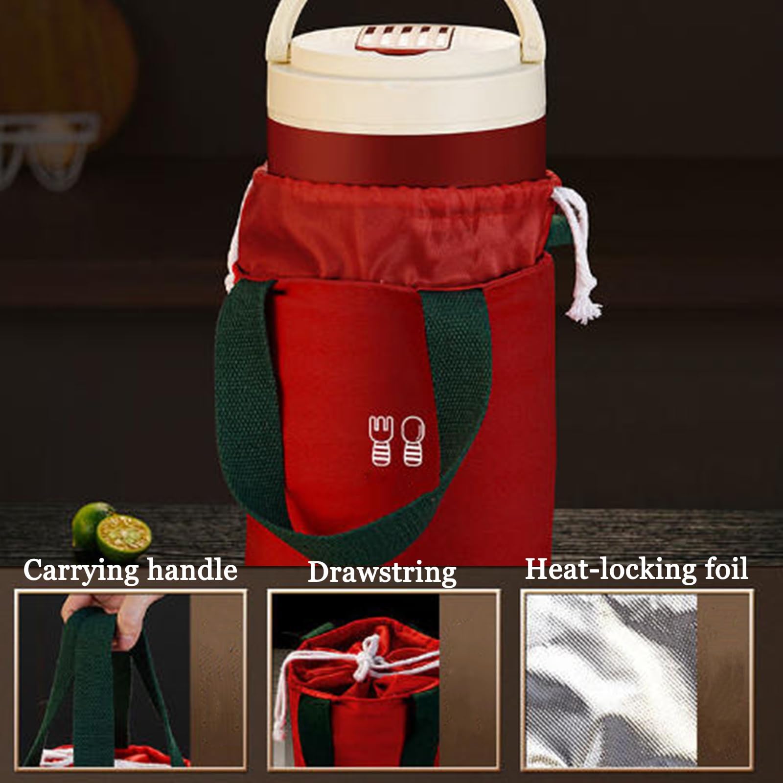Vnook Isolierter Lebensmittelbehälter, Warmhaltebehälter, Lunchbehälter, 304 Edelstahl, mit Faltbaren Löffel und Thermotasche, für Speißen, Suppe, Brei, Joghurt(Red,1.2L)