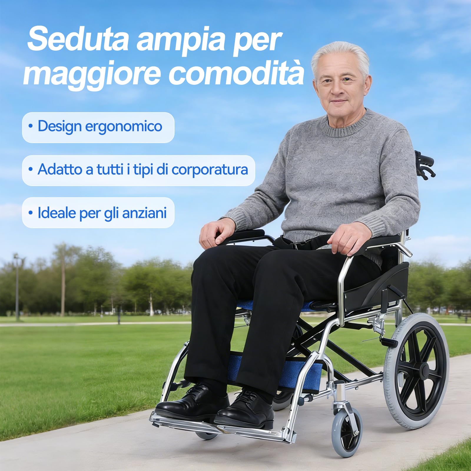 M3 Sedia a rotelle pieghevole e leggera, doppio freno, capacità di carico 100Kg, poggiapiedi pieghevoli, ideale per anziani e con mobilità ridotta - Blu