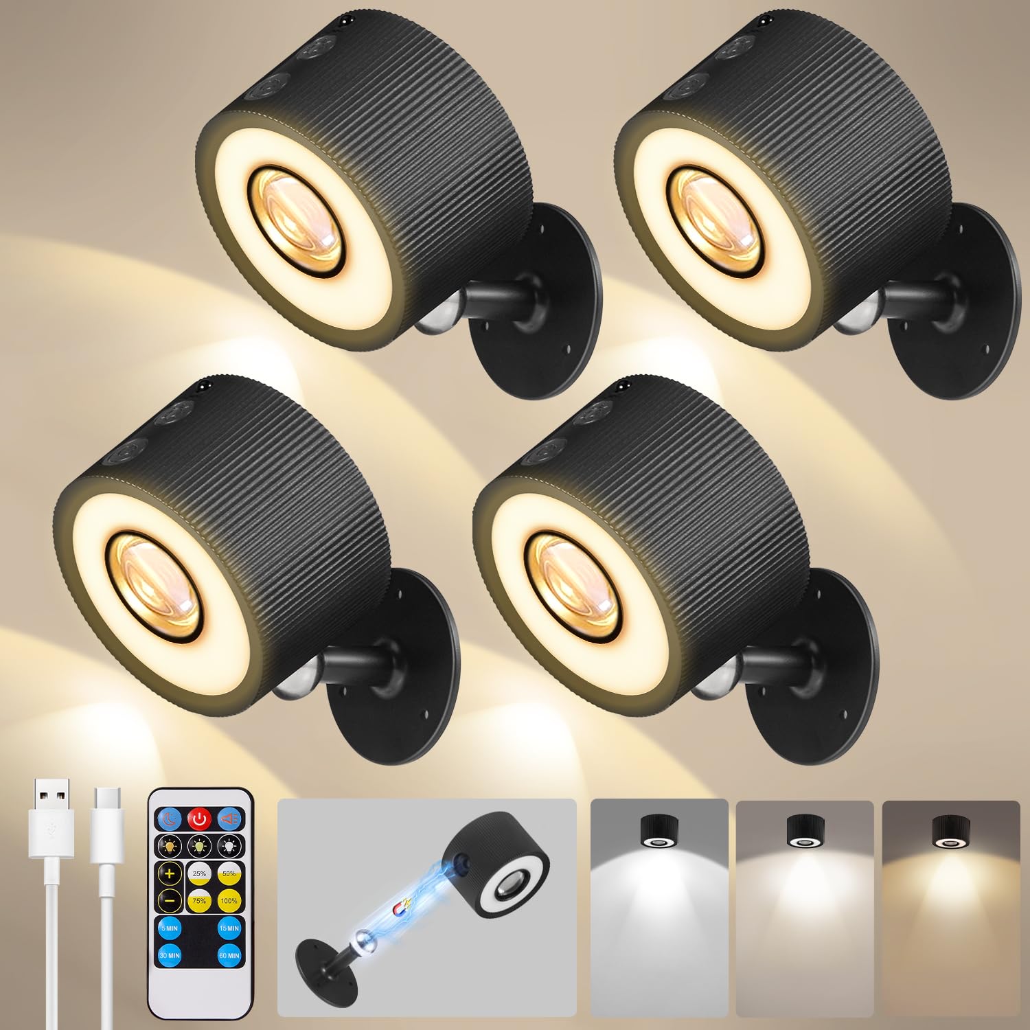 milfra 4 Piezas Lámpara de Pared de Interior,Apliques Interior con Puerto de Carga USB Control Táctil,3 Temperaturas de Color y Brillo Ajustable Apliques Pared Interior Inalámbricas