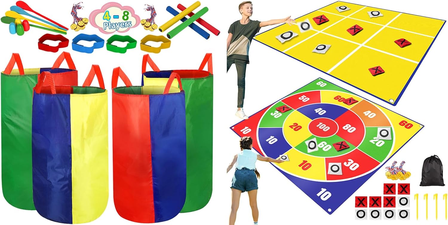 2-in-1 Giant Outdoor Bean Bag Toss & Large Tic Tac Toe Games & Potato Sack Race Bags Egg Spoon Relay Race,3 Legged Race, Field Day Outdoor Gamesfor Kids Adults Family-Carnival Games
