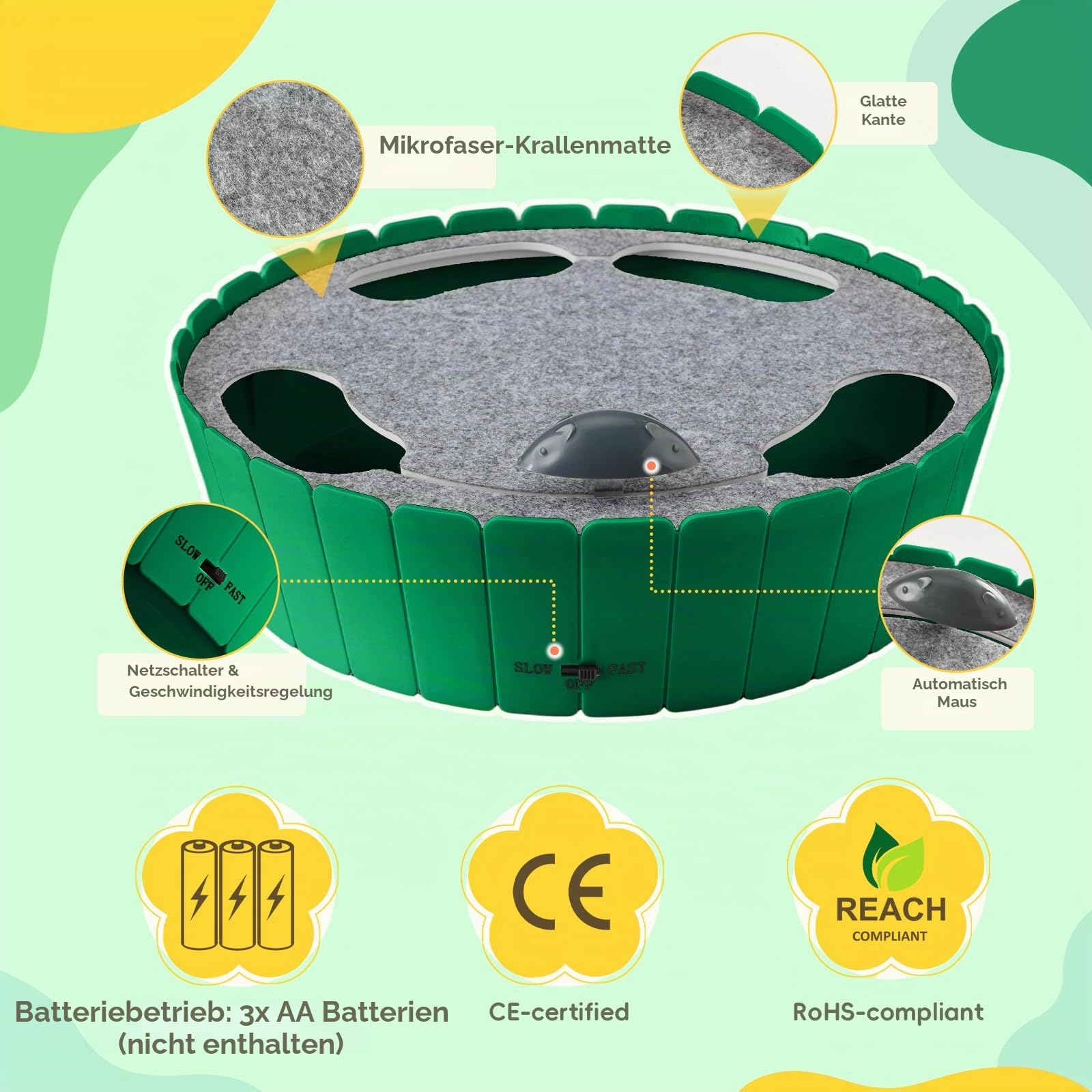 Pawaboo Katzenspielzeug Elektrische Maus, Interaktiv Kätzchen Spielzeug Katzenbett Kratzmatte Katzenminze, Süß und Sicher Spielzeug Spielball für Kleine Katze Spiel Beißen Kauen - Grün