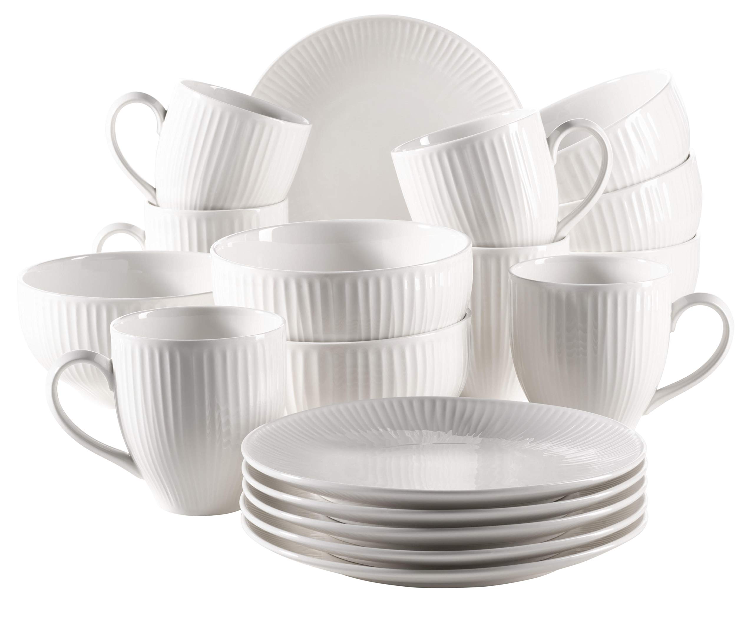 MÄSER Serie Dalia - Juego de desayuno para 6 personas de porcelana de hotel, 18 piezas, diseño vintage atemporal, color blanco, porcelana duradera