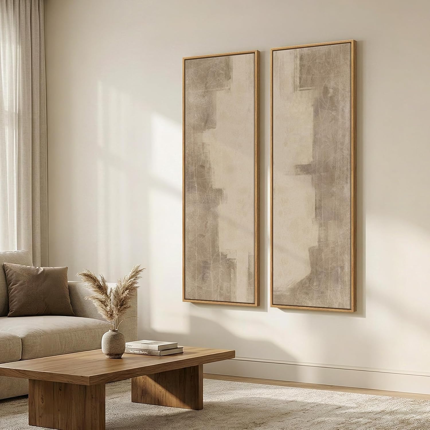 Long Narrow Framed Neutral Abstract Vertical Wall Art Set of 2, Oversized Modern Canvas Prints Paintings Artwork for Walls, Beige Minimalist Pictures for Hallway Entryway Living Room Bedroom Wall Decor 20" W x 60" H x 2Pcs Neutral Abstract