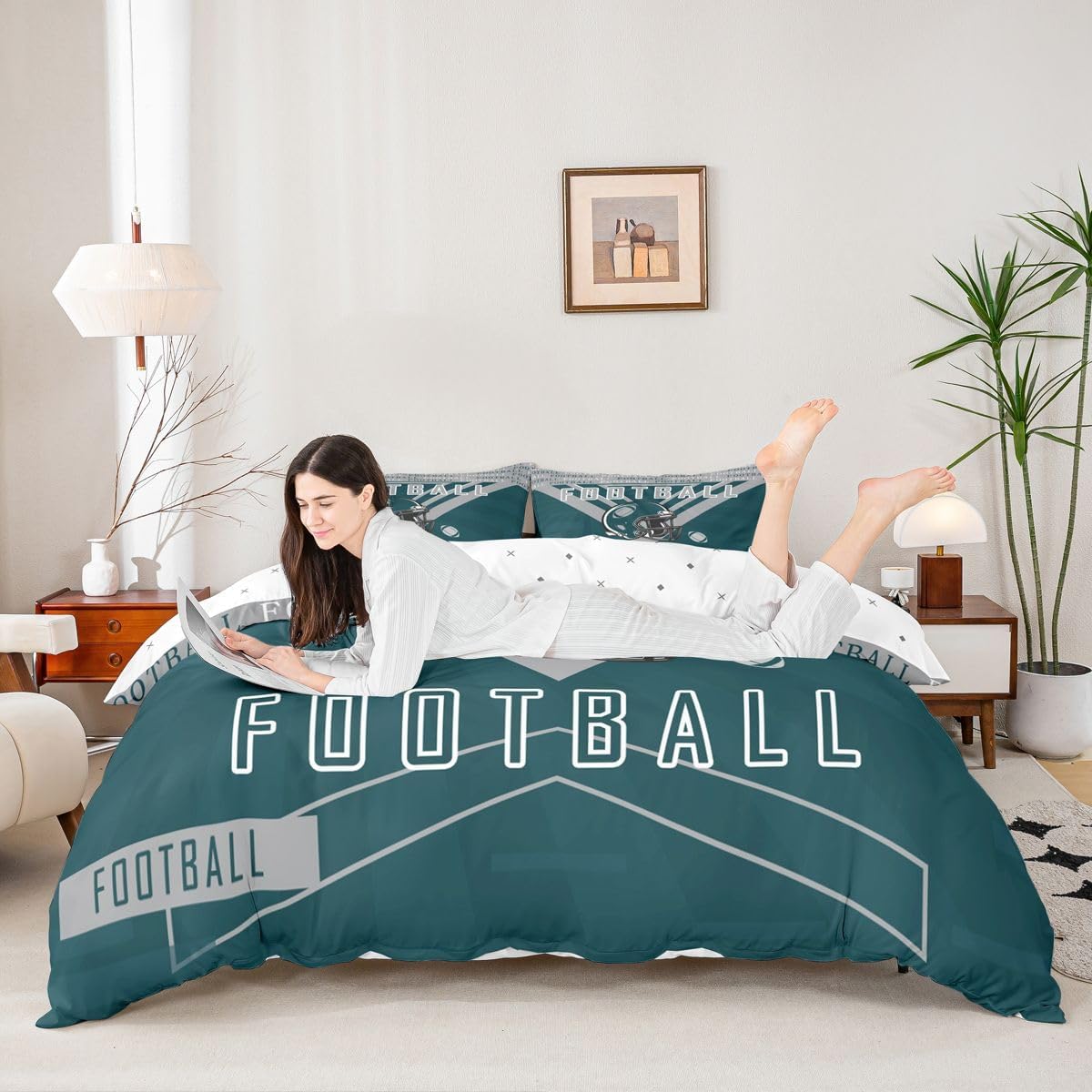 Feelyou Football Duvet Cover Boys Girls Full Size Rugby Sports Bedding Set Women Men Football City Comforter Cover Sports Theme Bedclothes Gray Green