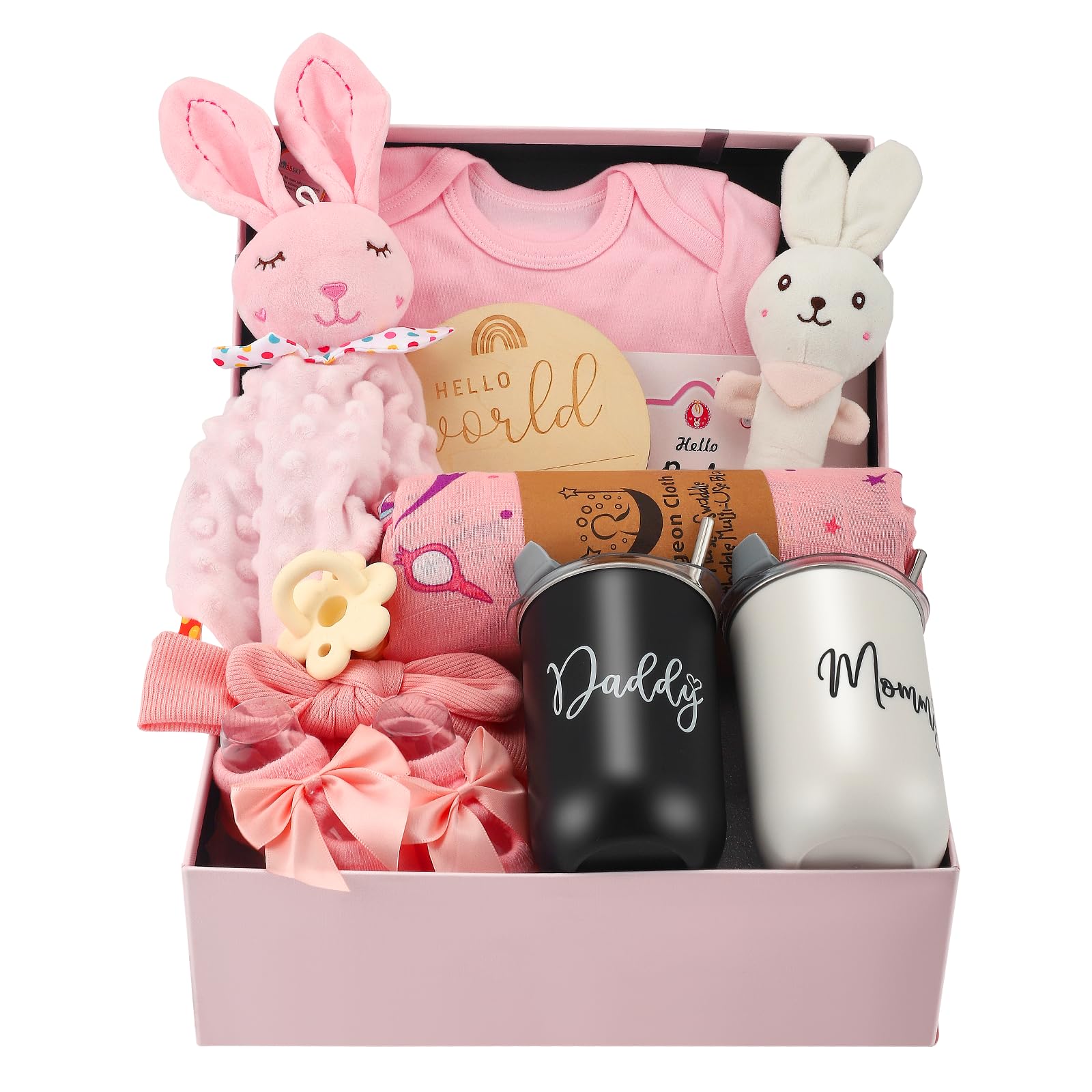 Neugeborenen Geschenk 12 In 1,Mit Lätzchen,Schmusetuch, Decke,Lätzchen,Pink | Baby Set Neugeborene,Baby Geschenkset,Mit Socken, Dreieckstuch And Wooden Rattle,Geschenke Zur Geburt Für Mädchen