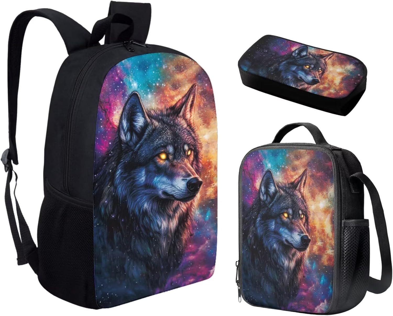 SEANATIVE Galaxy Wolf Backpack Rucksack Bookbag for Boys Girls Students Crossbody Lunch Tote Sling Bag Portable Pencil Pen Box with Zipper 3 in 1