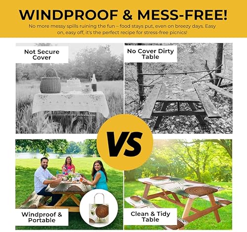 Miniatura 13 de RNOONY Funda de mesa de picnic de poliéster de 8 pies con fundas de banco, resistente al viento y al agua, perfecto para regalos de campamento