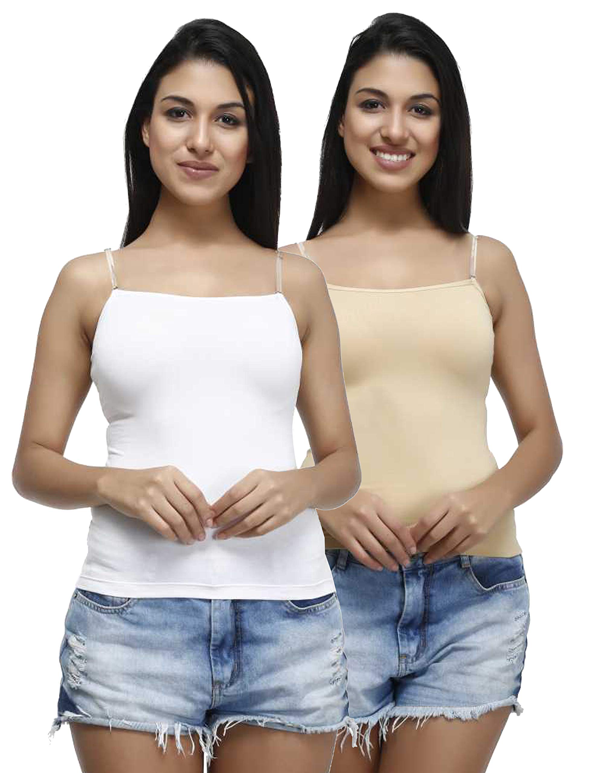 plumbury Women's Padded Cotton Adjustable Camisole with Built-in Shelf Bra (Pack of 2) Beige/White, Size 36-picture-35