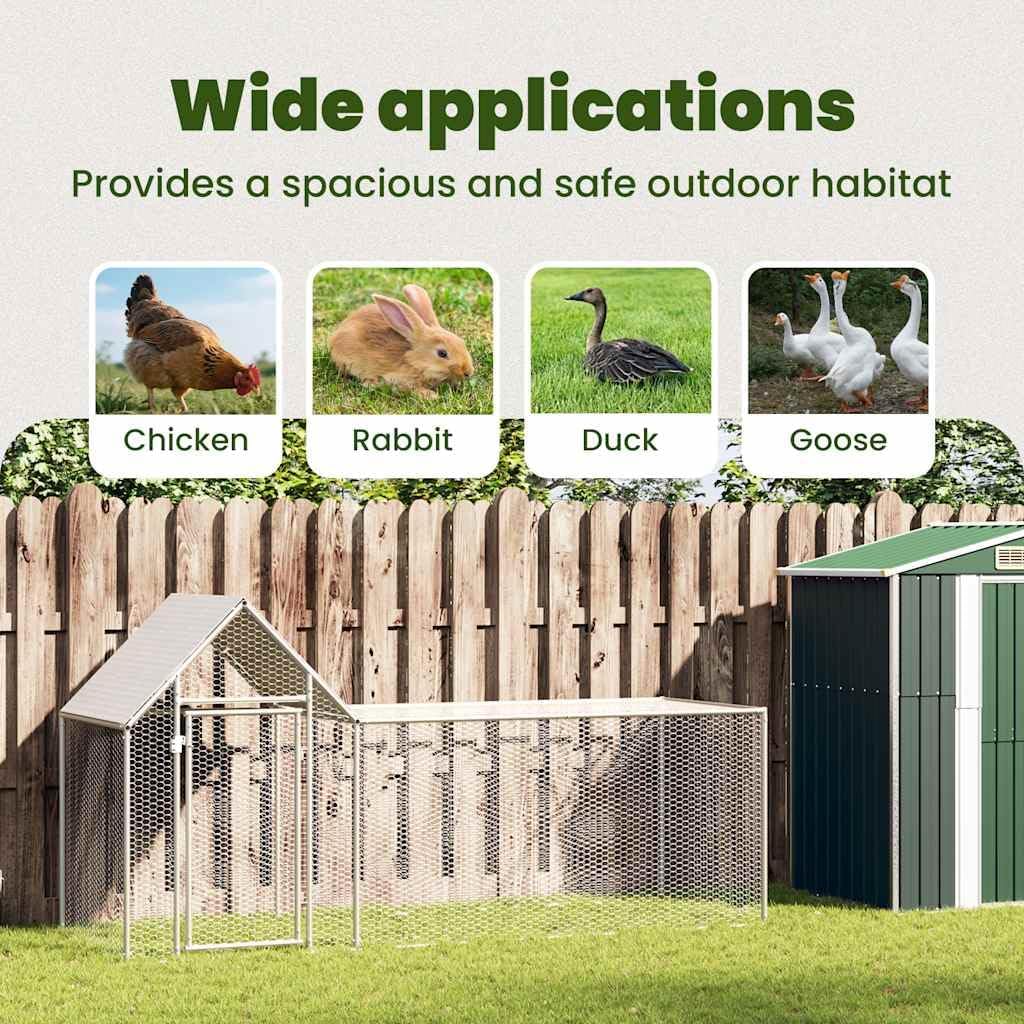 vidaXL Galvanized Steel Chicken Coop - Spacious 9.8'x3.3'x4.9' Poultry House with Water-Resistant Roof, Wire Grid Design and Lockable Door - Silver