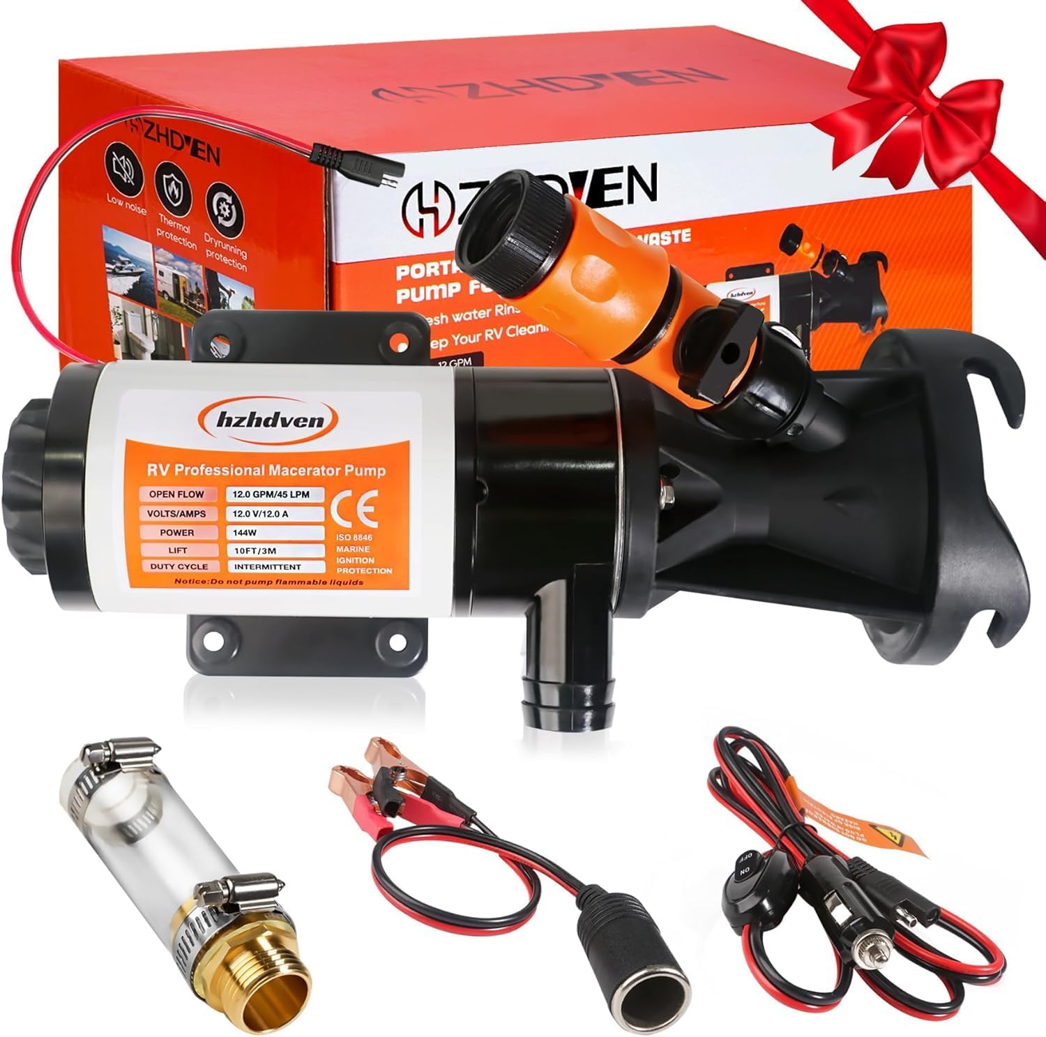 RV Macerator Pump 12V,Portable Macerator Waste Pump,12GPM Suction 3.2 feet Lift 14 feet with Garden Hose Discharge Port,Quick Release Sewage Pump with Fresh Water Crushing for Halloween Christmas