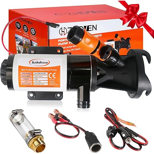 RV Macerator Pump 12V,Portable Macerator Waste Pump,12GPM Suction 3.2 feet Lift 10 feet with Garden Hose Discharge Port,Quick Release Sewage Pump with Fresh Water Crushing for Halloween Christmas