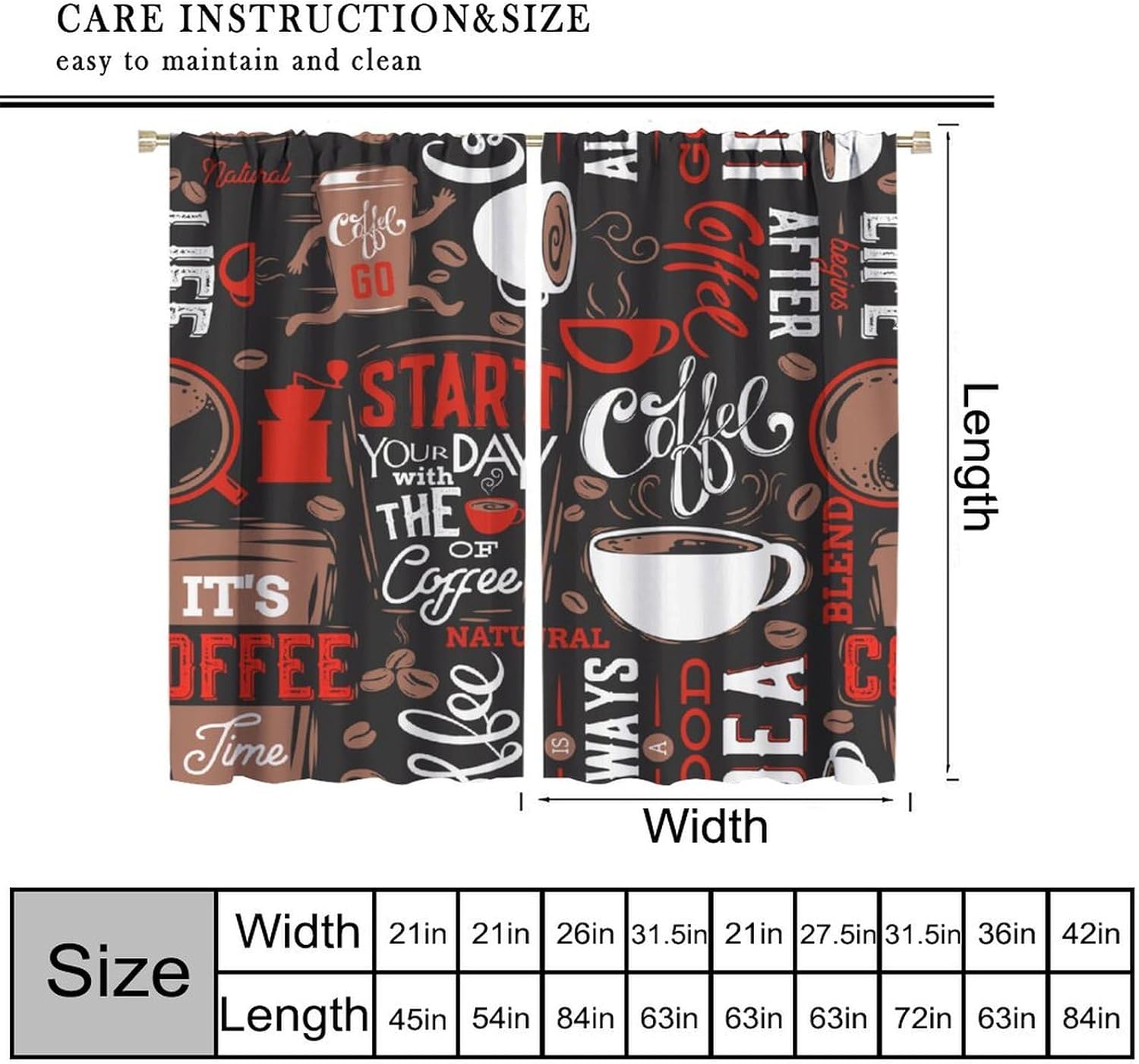 Coffee Curtains Black Retro Brown White Doodle Small Cafe Rod Pocket Blackout Window Drapes for Bedroom Living Room Kitchen Cafe Decor （W21xL45 Inch） x2 Panels