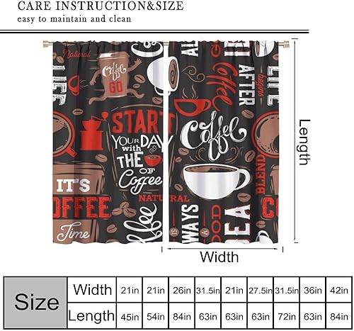 Miniatura 3 de Cortinas retro de café para cocina, taza de té con leche, marrón, blanco, garabatos, negro, rojo, bonita decoración, bolsillo para barra,