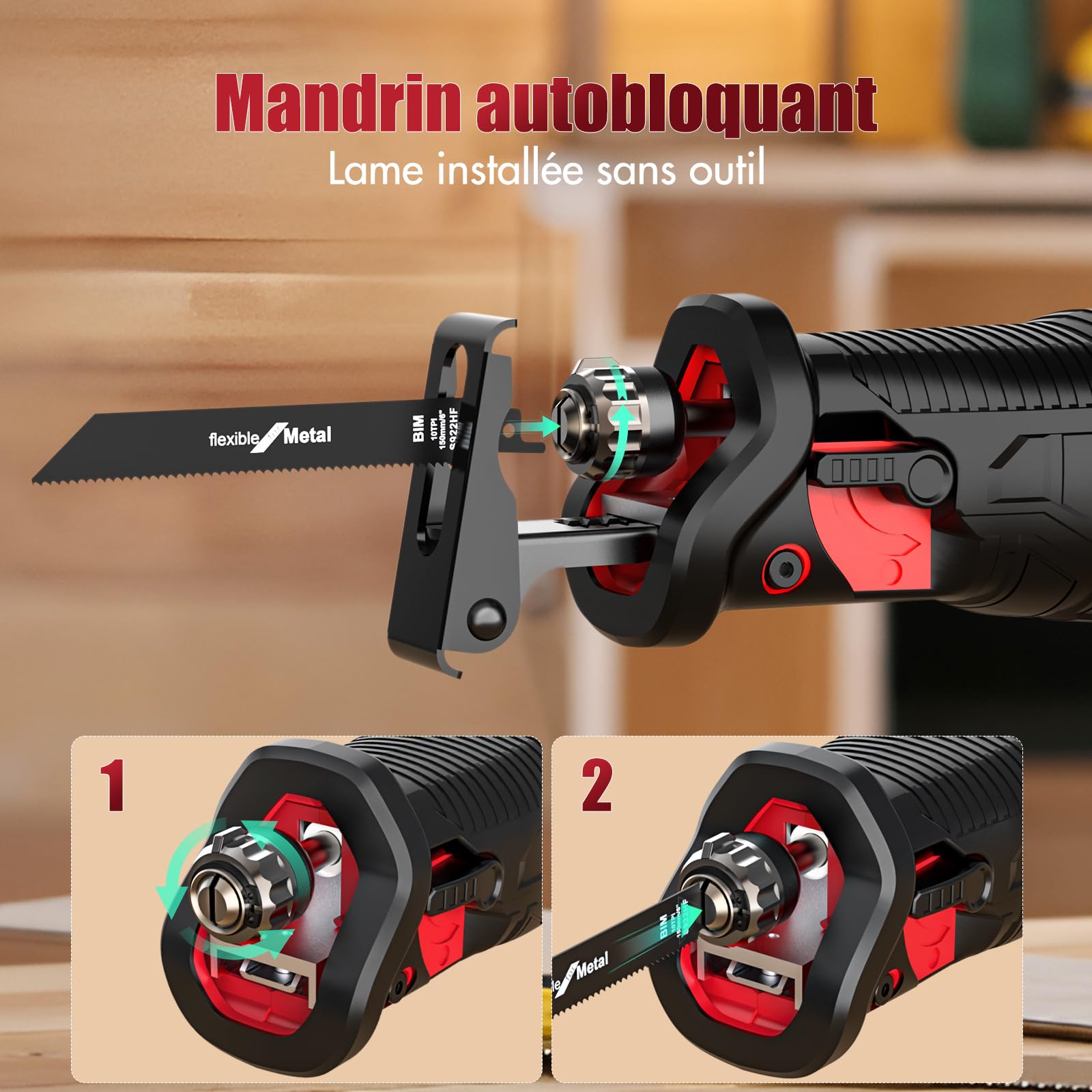 Scie Alternative Sans Fil 20V 3000 SPM - Avec Batterie Et Chargeur, 6 Lames, Changement Sans Outil - Pour Bois Et Métal