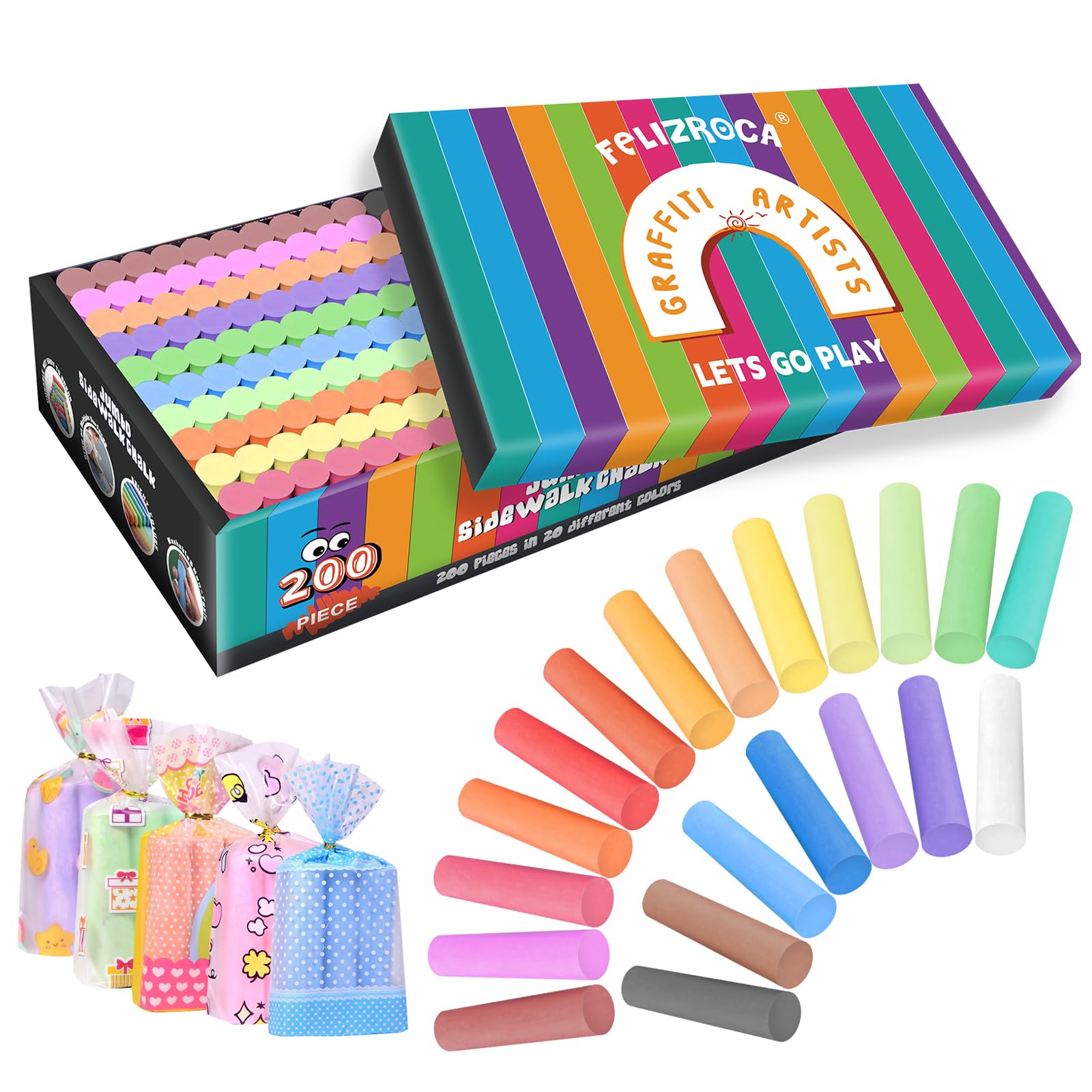 FELIZROCA 200 Pcs Sidewalk Chalk Set in 20 Assorted Colors, Non-Toxic Washable Bulk Chalk for Outdoor Ativity, School Chalkboard and Playground