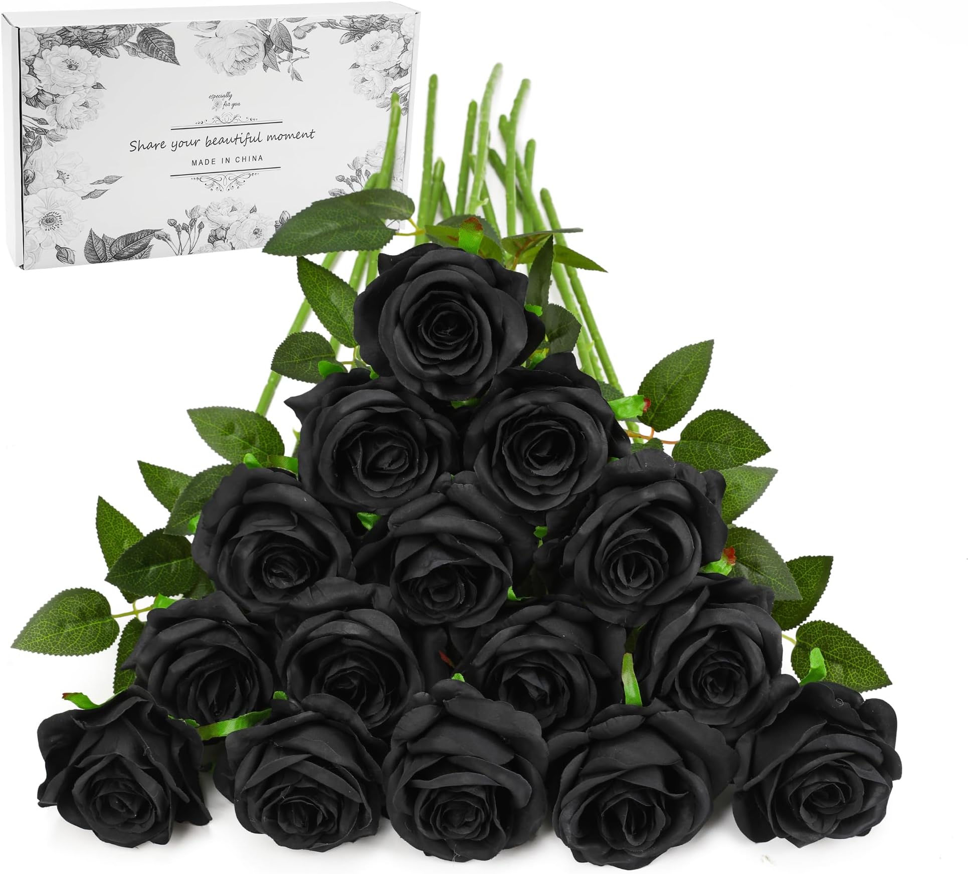 Black Fake Roses Artificial Flowers - 16 Pcs Fake Artificial Roses Silk Flowers with Stems for Home Wedding Hotel Office Centerpiece Decor