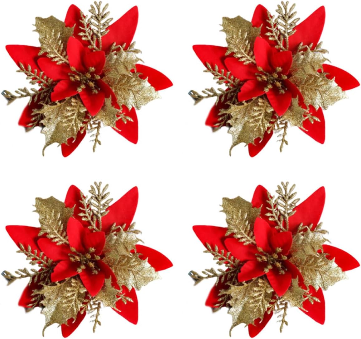 4 PCS White Christmas Flower for Christmas Tree Decoration, DIY Wreath, Room, Home Decor, Theme Party, Tabletop, Outdoor Garden Yard Ornament (Red Gold-4pcs)