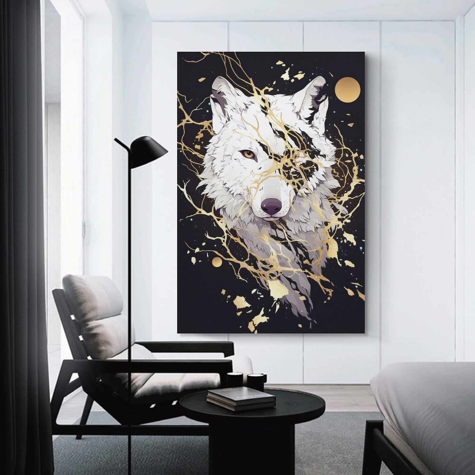 Junmoney Canvas Wall Art White Wolf with Golden Accents, 24x36inch(60x90cm), for New Homes, Bedrooms Or Workspaces, Canvas Artwork with Gifting Potential