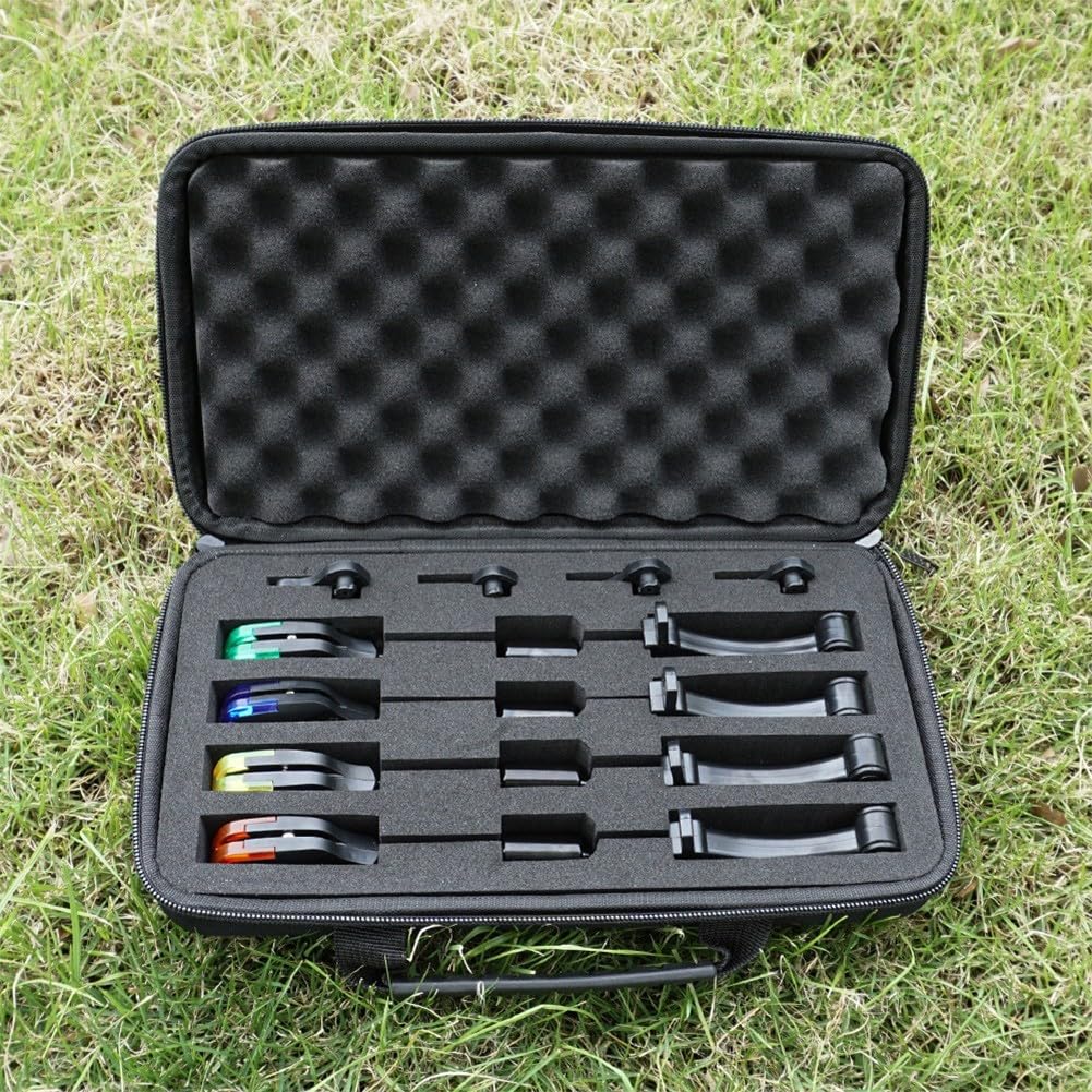 Lot de 4 détecteurs de touche pour pêche à la carpe avec indicateurs lumineux LED, siège de base amovible, dessus de boule magnétique, 2,5 mm, rouge, bleu, jaune, vert pour la nuit