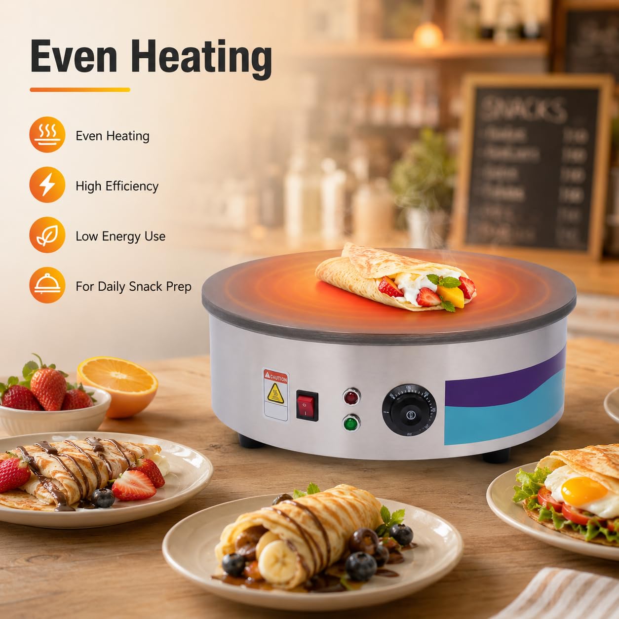 Máquina de crepe eléctrica de 2800 W, crepe, temperatura ajustable con espátula de madera, crepera, apta para familias, cafeterías, restaurantes