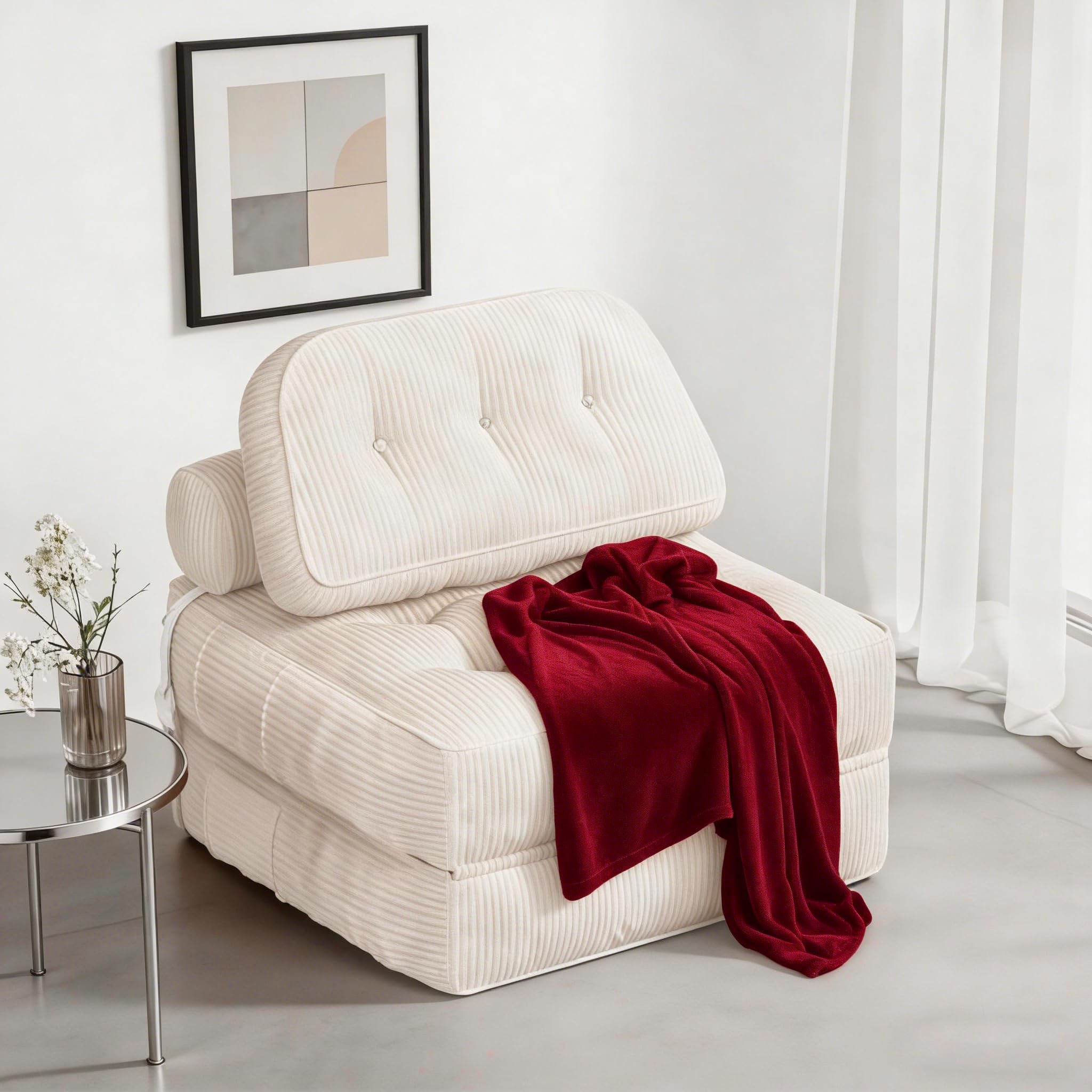 NESLAKO Folding Sofa Bed, Flannel Futon Couch Bed with Pillow and Blanket, Convertible Sleeper Chair for Living Room Bedroom, White