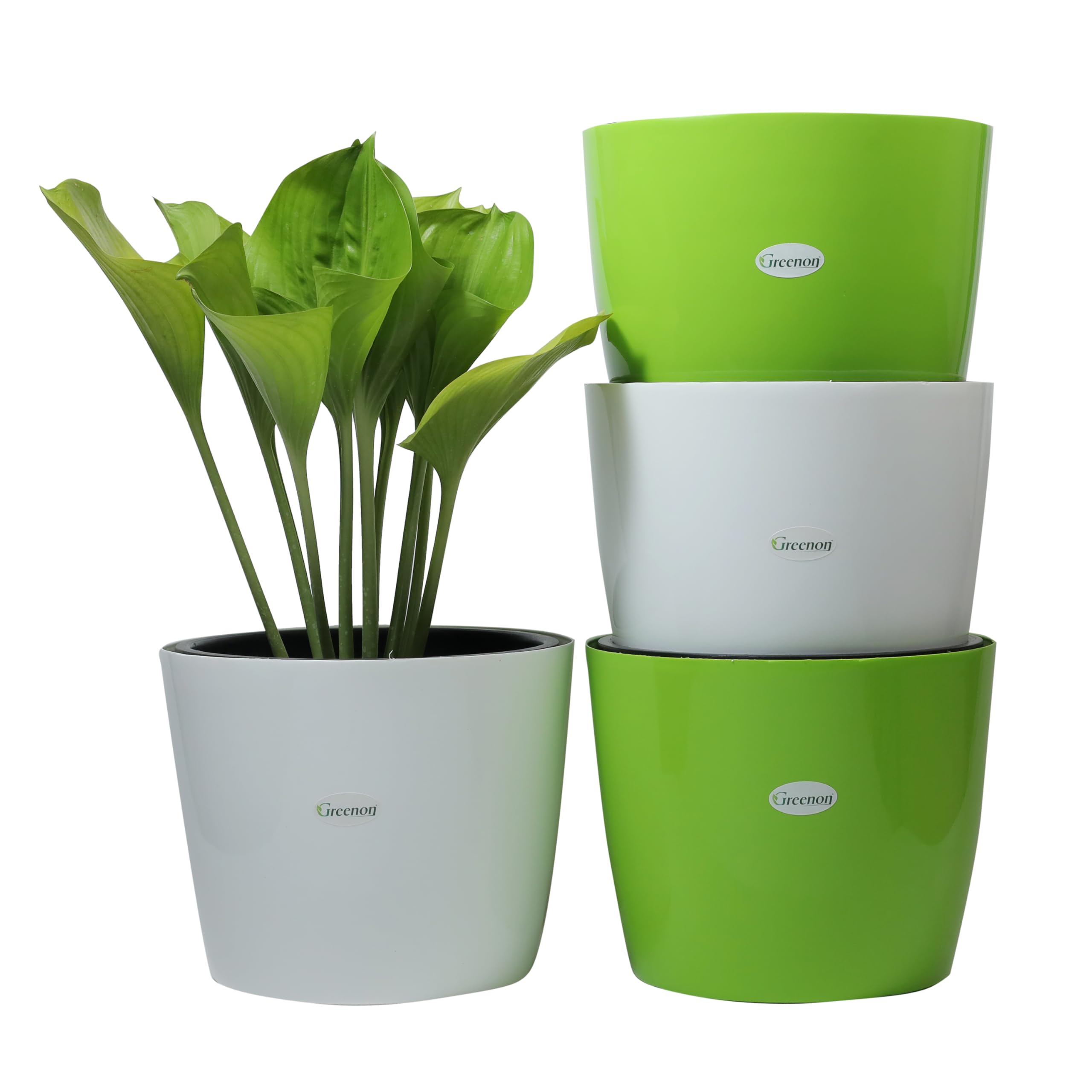 GREENON® Plant Pot 10 Inch Pack of 4 (8 Pots) | Self Watering Indoor Pot | Green,White Outer Black Inner Flower Pot | UnFadable | Suitable for Home Indoor and Balcony Plants | Low Maintenance Gamla (B0BQ7LR836) Amazon Price History, Amazon Price Tracker