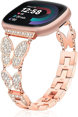 Bandas brillantes compatibles con Fitbit Versa 43, Fitbit Sense 2Sense, joyería de mariposa con diamantes de imitación de metal, bonita pulsera de