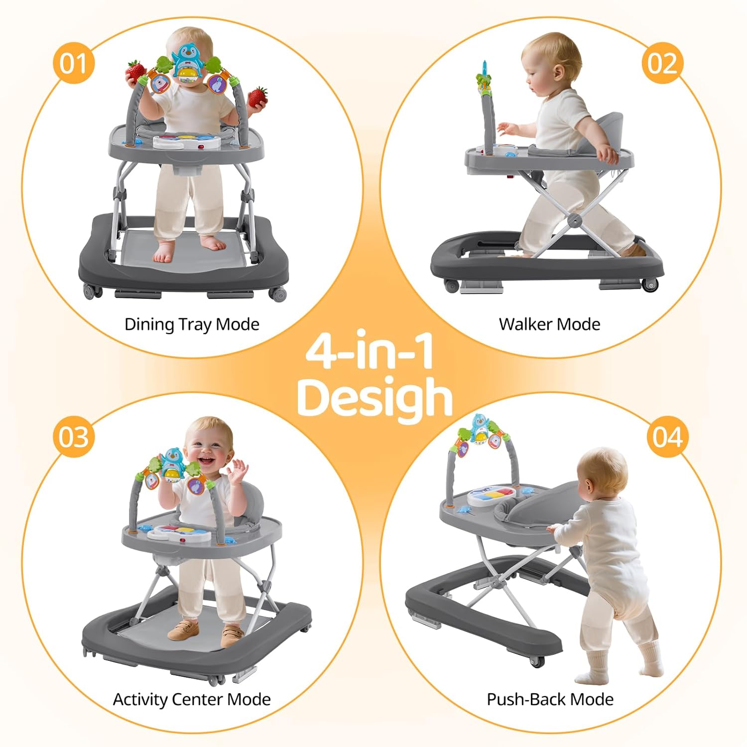 Baby Walker, Music & Removable Footrest with Toys, 3-Height Adjustable, Foldable 4-in-1 Activity Center for Infant and Toddler, Baby Walker for Baby Boy Girls 7–18 Months