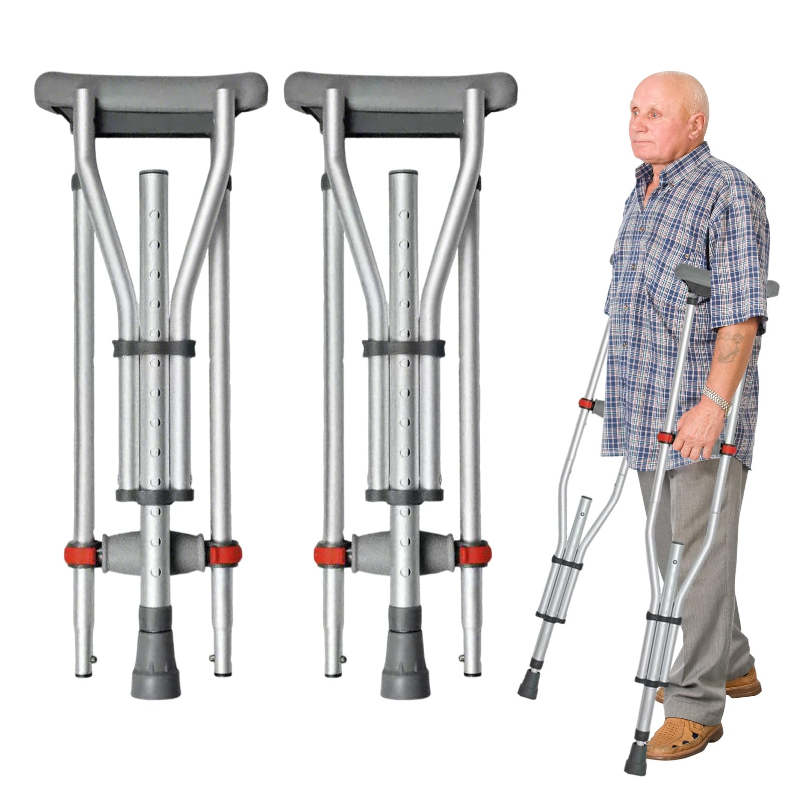 Support pour aisselles, réglable en hauteur sur 13 niveaux, charge maximale : 150 kg, hauteur réglable, en aluminium, avec coussinets souples, béquilles médicales, hauteur applicable : 135 à 195 cm