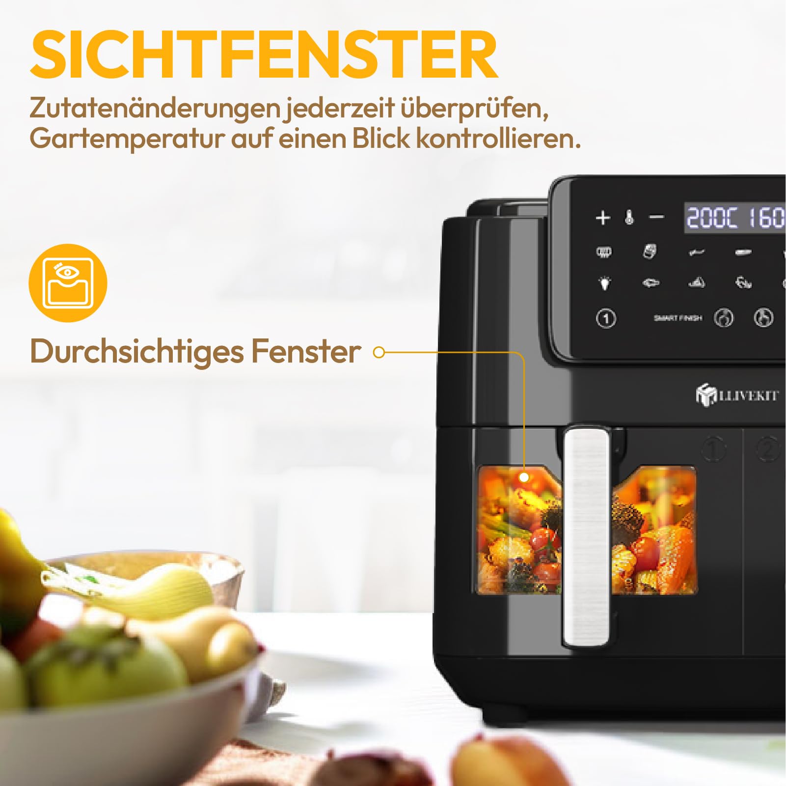LLIVEKIT 9L Heißluftfritteuse 2 Kammern mit Sichtfenster, 4.5L+4.5L Airfryer 9-in-1, Backofen XXL ohne Öl, Heißluft-Backofen mit Touchscreen, Timer-Funktion