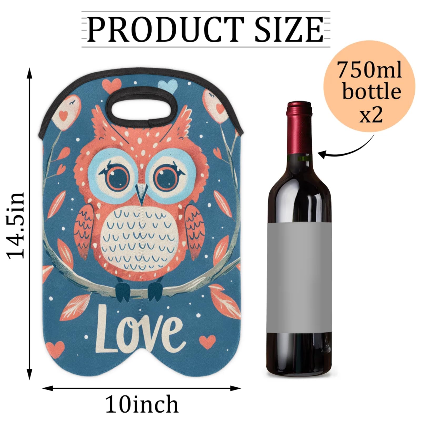 GzLeyigou 2 Bottles Owl Love Wine Bag Sleeve Totes Neoprene Protective Wine Carrier Bag for Wine,Water, Champagne, Beer, Baby Bottles,Gift 14.5 x 10 Inches