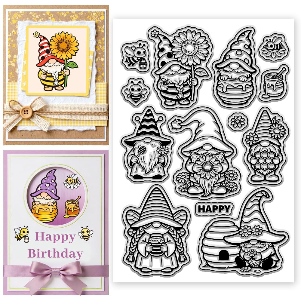 CONCHLERY Bee Gnome Clear Silicone Stamps 6.3x4.3 Inch
