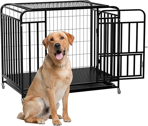 Jaula resistente de 42 pulgadas con ruedas, perrera de acero indestructible con doble puerta, diseño a prueba de fugas para perros grandes, para uso