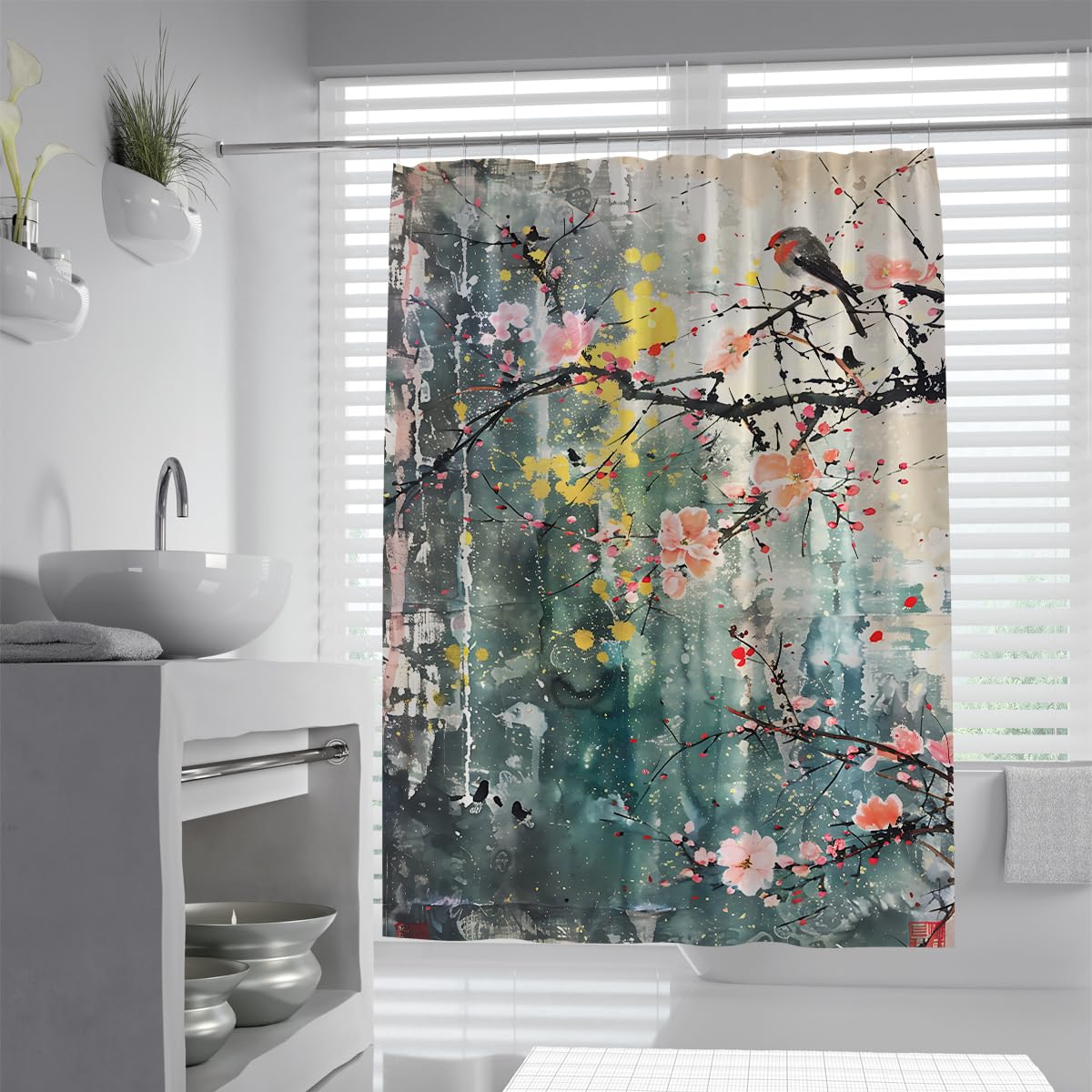 UERWOWELL Traditional Chinese Ink Painting Shower Curtain Vintage Plum Blossom Floral Branch Bird Nature Scene Bath Curtain with Hooks Waterproof W180xL180 cm