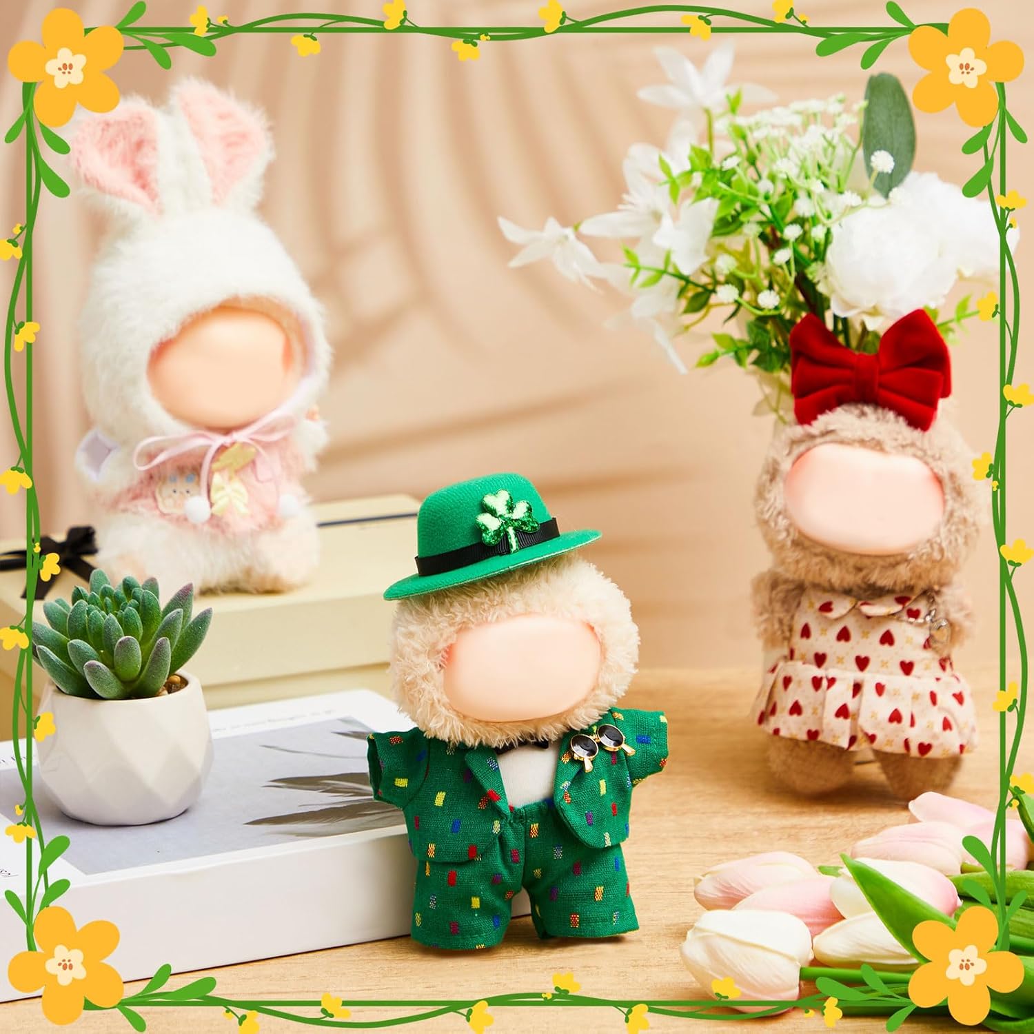 3 Sets 17cm Doll Clothes Outfits Dolls Costume Accessories for Valentine's Day Easter St. Patrick's Day Party Favors Decoration Gifts