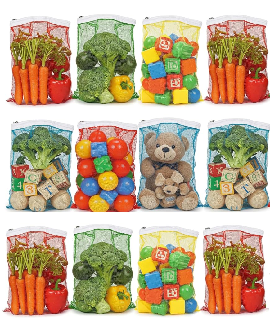 Vegetable Storage Net Bags for Fridge – Set of 12 / Reusable, Washable, Durable Nylon Mesh Bags with Rustproof Zipper for Produce, Toys, Travel & Home Organization