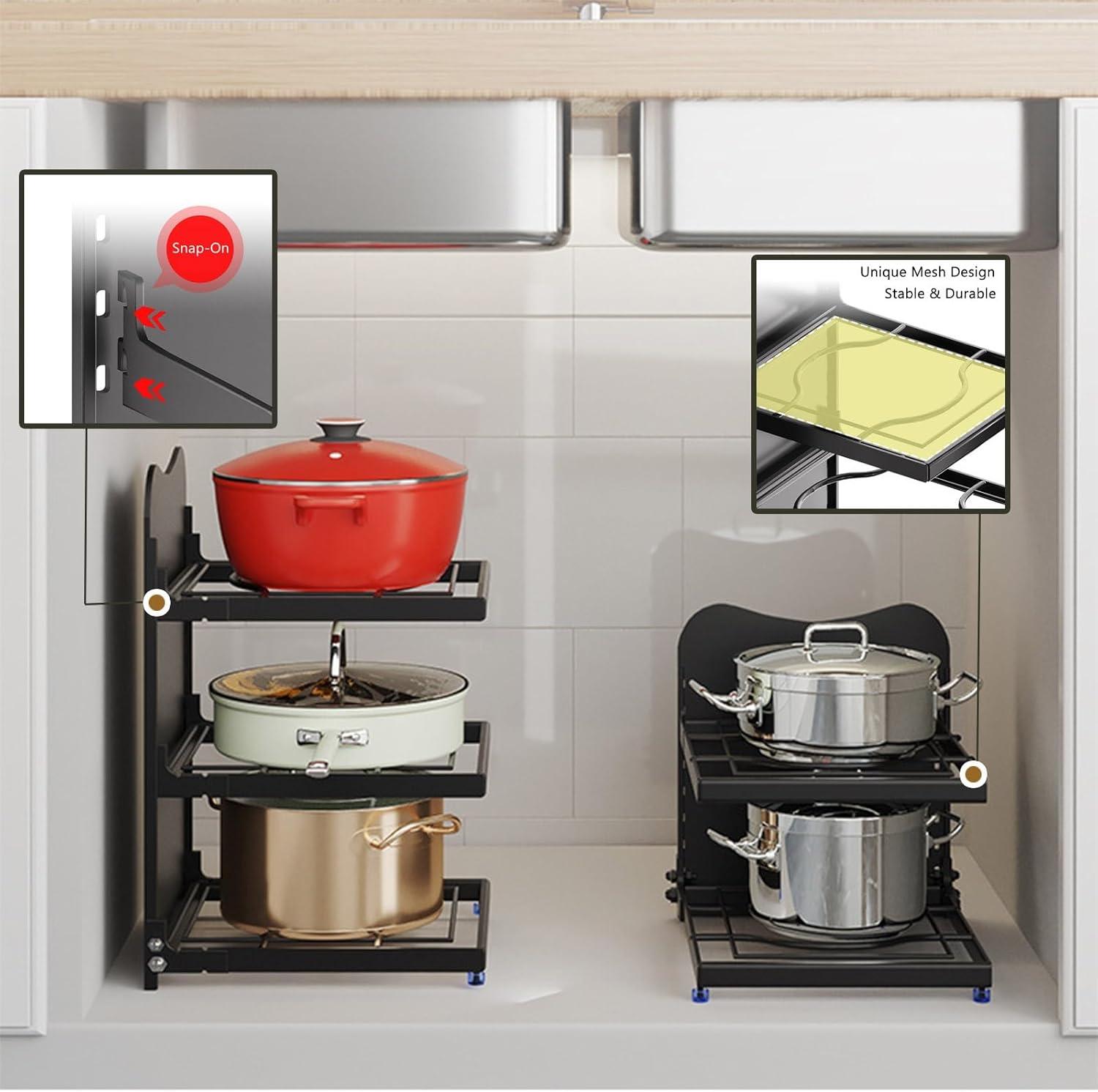 Versatility Adjustable Pan & Pot Rack for Kitchen Organization & Storage, Heavy Duty Pot Pan Rack Under Sink Organizers, Pot Lid Holders,4-Tier