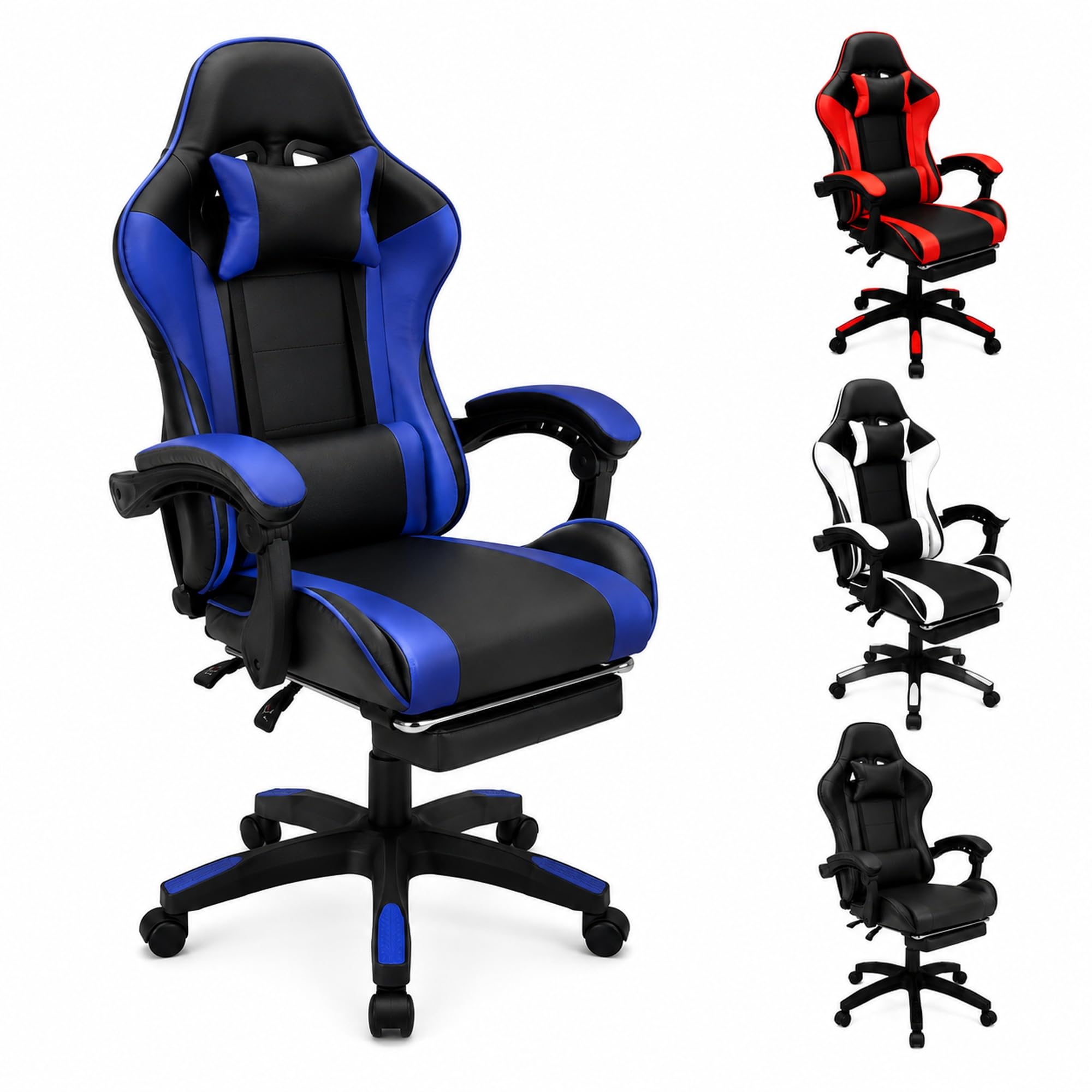 SISA BY GL – Sedia Gaming Ergonomica Reclinabile fino a 135°, con Poggiapiedi, Supporto Lombare e Poggiatesta, Rotazione 360°, Pistone a Gas, Pelle Sintetica Nera – Sedia Gaming Blu/Nera