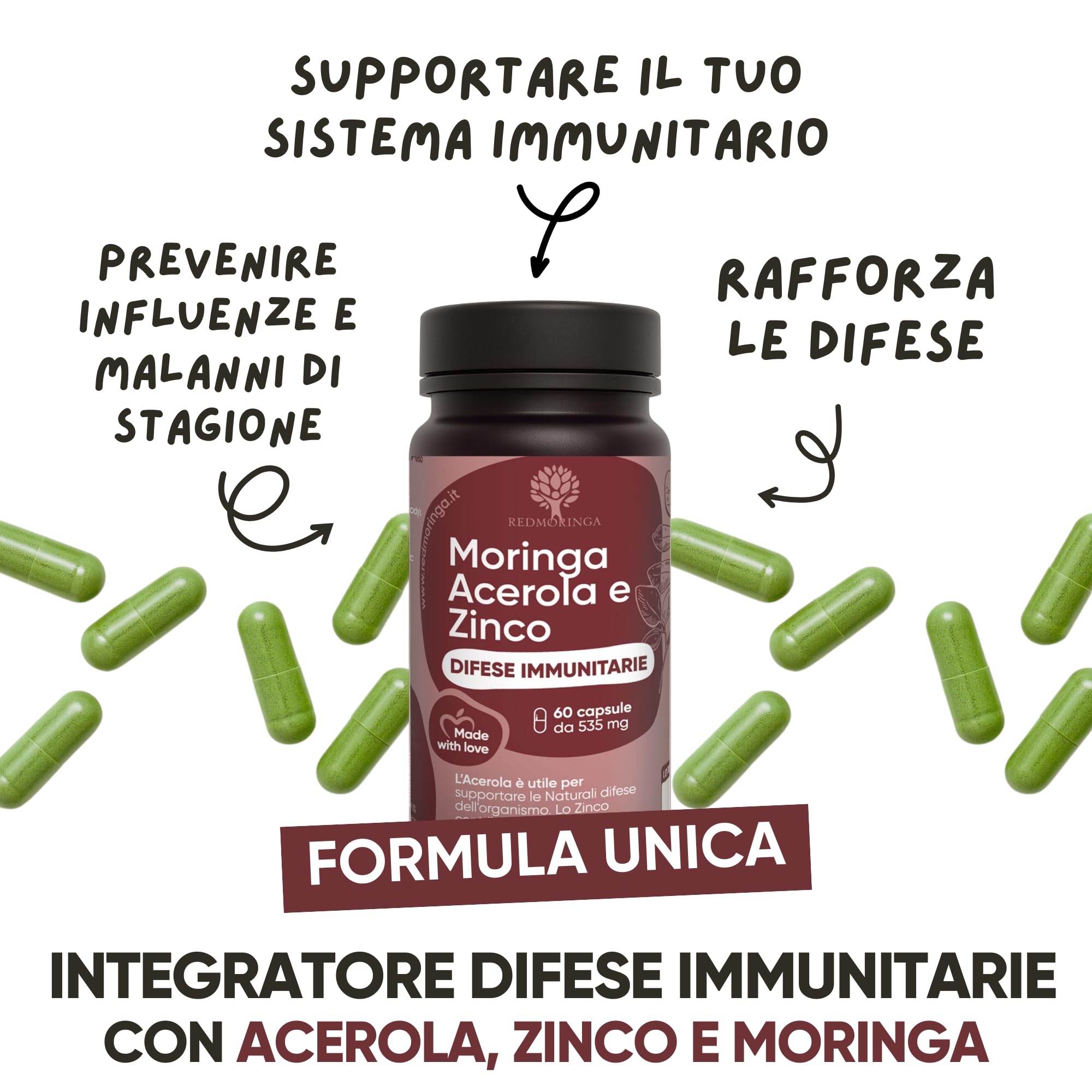 Integratore Difese Immunitarie Acerola e Moringa - Vitamina C 100% naturale - Adatto ad Adulti e Bimbi - Rafforza il Sistema Immunitario naturalmente con Moringa, Acerola e Zinco | 180 Capsule