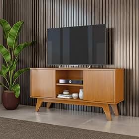 Rack Sala de Estar Turim 2 Portas e Nichos - Para TV até 50 Polegadas Pés Retrô em Madeira (Cedro)