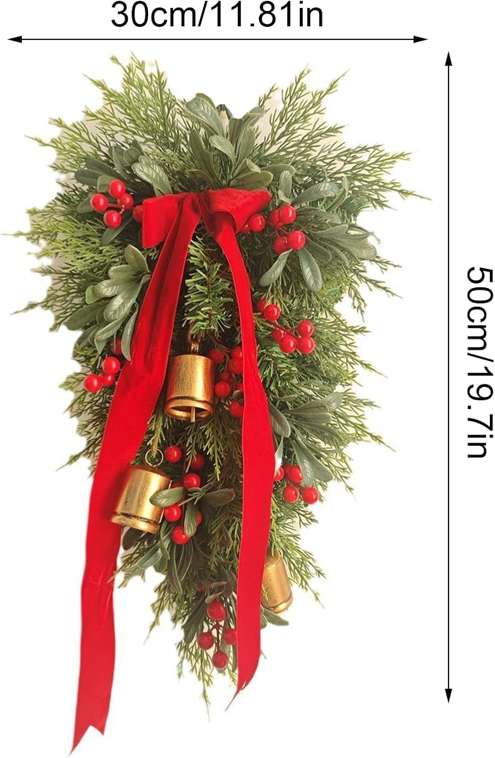 NFNSIG 19.7in Christmas Teardrop Swag, Artificial Cedar Greenery Teardrop Wreath with Bright Red Berries and Shining Golden Bells, Christmas Galand Swags for Front Door Xmas Holiday Decor