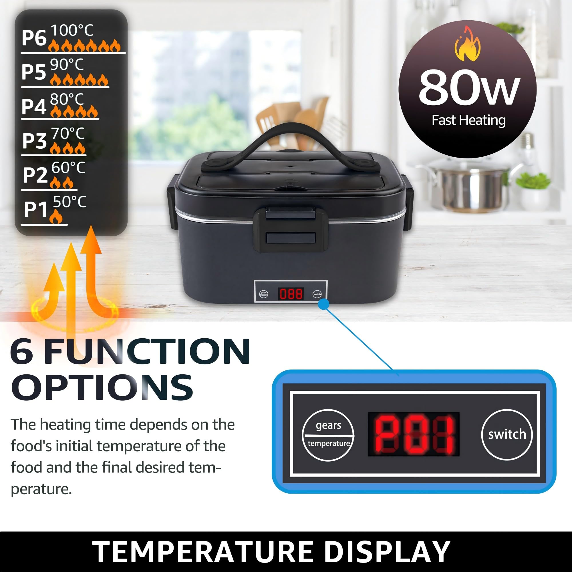 Kimfead Scaldavivande Elettrico Portatile con Display Temperatura Porta Pranzo Riscaldabile 80W Lunch Box Elettrico 1.8l Acciaio Inox Rimovibile 12v/24v/230v per Auto/Camion/Uffici con Borsa(Nero)