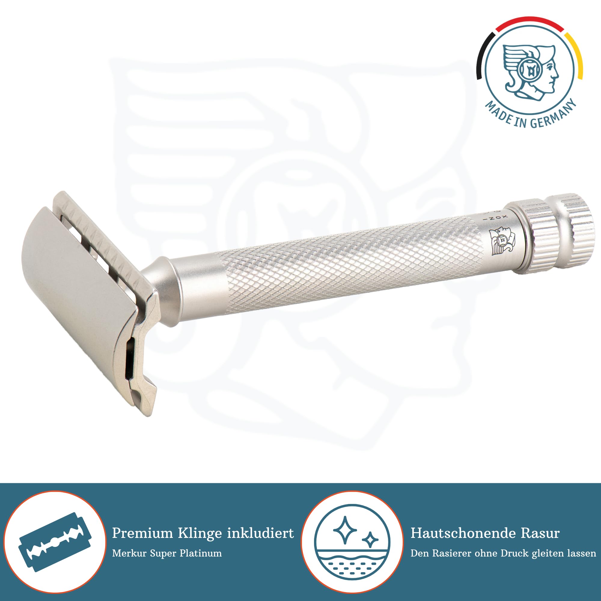 MERKUR Edelstahl Rasierhobel 34 INOX XL | Seidenmatt | Zweiteiliger Premium Rasierer mit geradem Schnitt | Geschlossener Kamm | Ideal für Nassrasur | Made in Germany
