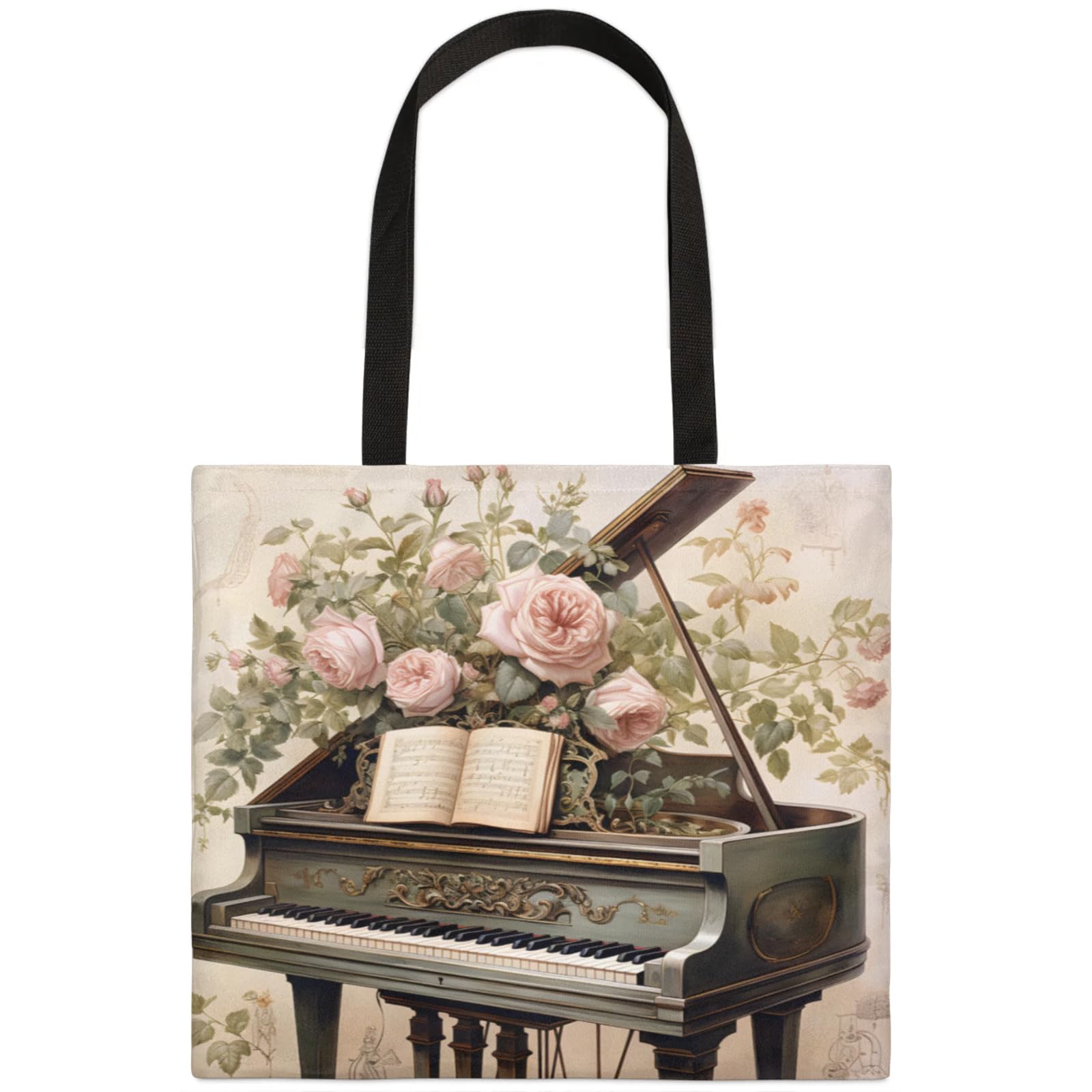 Mularoka Vintage Piano Rose Square Canvas Tote Bag Top Handle Purses Stylish Women Canvas Shoulder Tote Bags Reusable Handbags for Work Travel Picnic Beach Shopping Gym Hiking