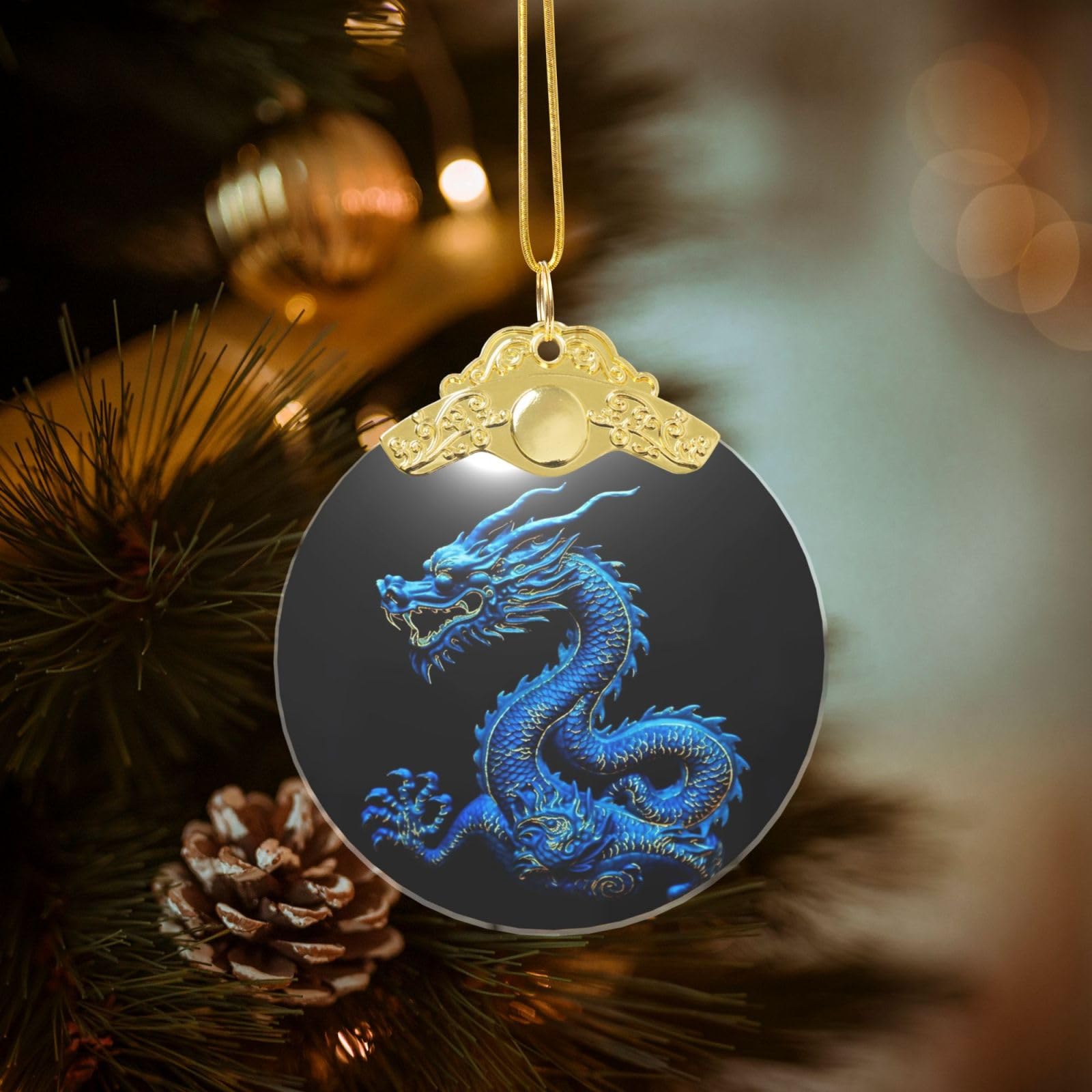 Crystal Christmas Ornaments for Christmas Tree Decoration Hanging Blue Chinese Dragon Ornament with Gold Ribbon Crafts Round Pendant for Keepsake Gifts Glass Xmas Decor Party Supplies