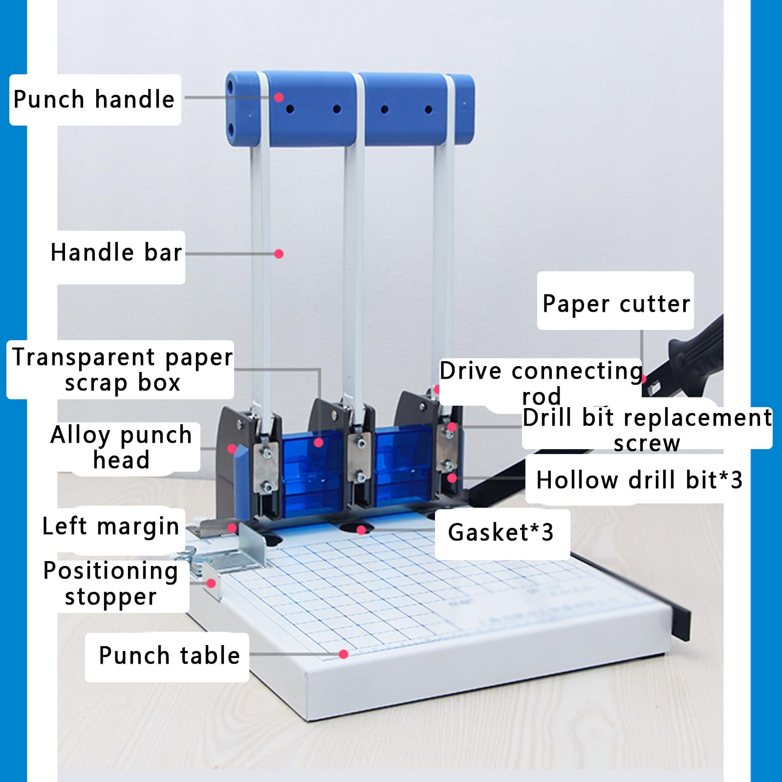 Punzón de Papel Manual de 3 Agujeros, Regla de posicionamiento Ajustable, punzonador de Archivo portátil con Cortador para la Oficina, hogar, Uso Escolar
