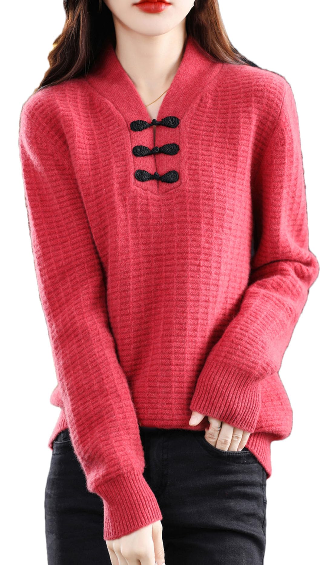 Vogrtcc Damski sweter z dekoltem w serek kaszmirowy sweter z dzianiny z długim rękawem sweter damski top