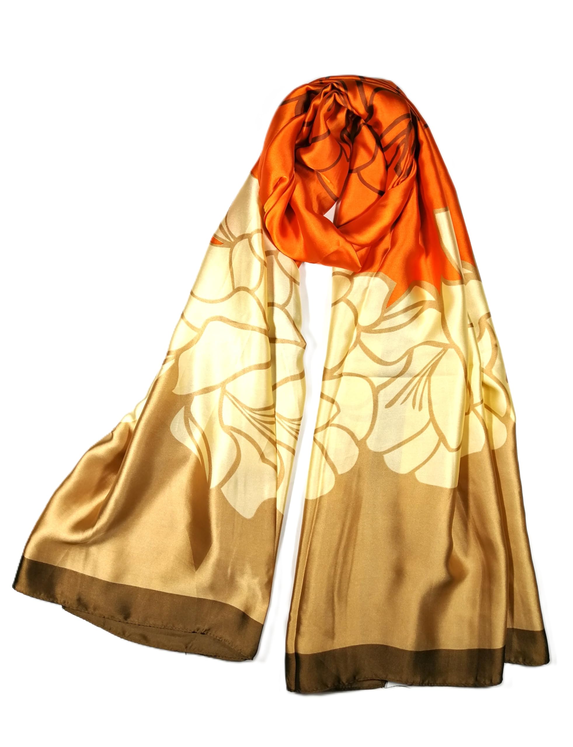 Shanlin Silk Feel Long Floral Satin Scarves for Women in Gift Box, Floralptn-beigeorange, 70.5"x35.4" (180x90cm) โ image 1
